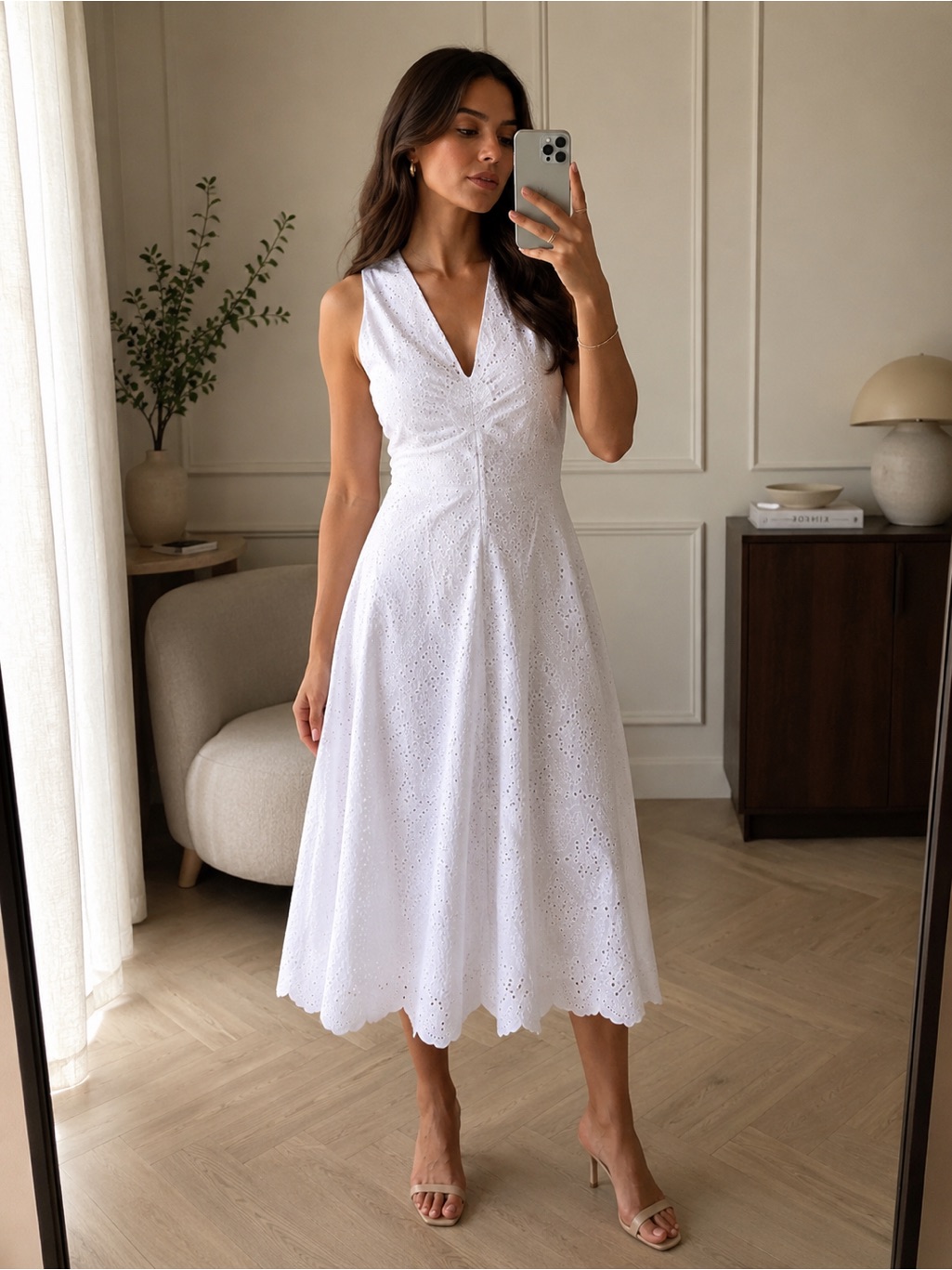 Veronica Beard Romantic Eyelet Midi Dress White Cotton Sleeveless Size 8